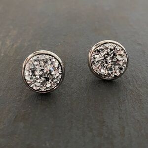 Sparkly Silver Druzy Stud Earrings